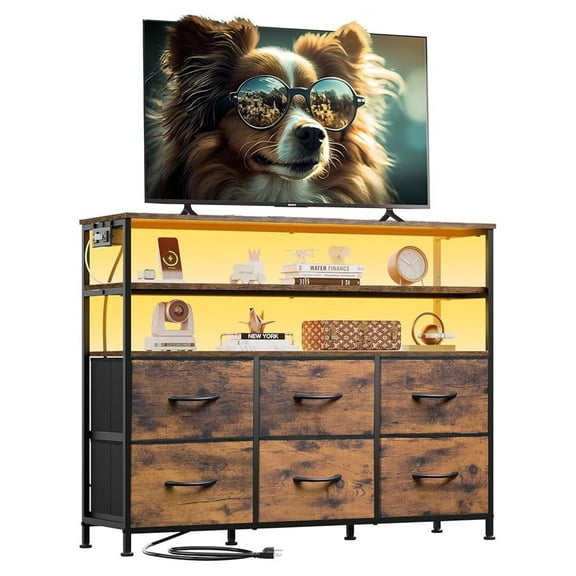 Sptwo TV Stand for 40, 45 inch TV, Entertainment Center with LED Lights & Charging Station, TV Media Console Table with 6 Fabric Drawers and Open Shelves for Living Room, Hallway, Rustic Brown
