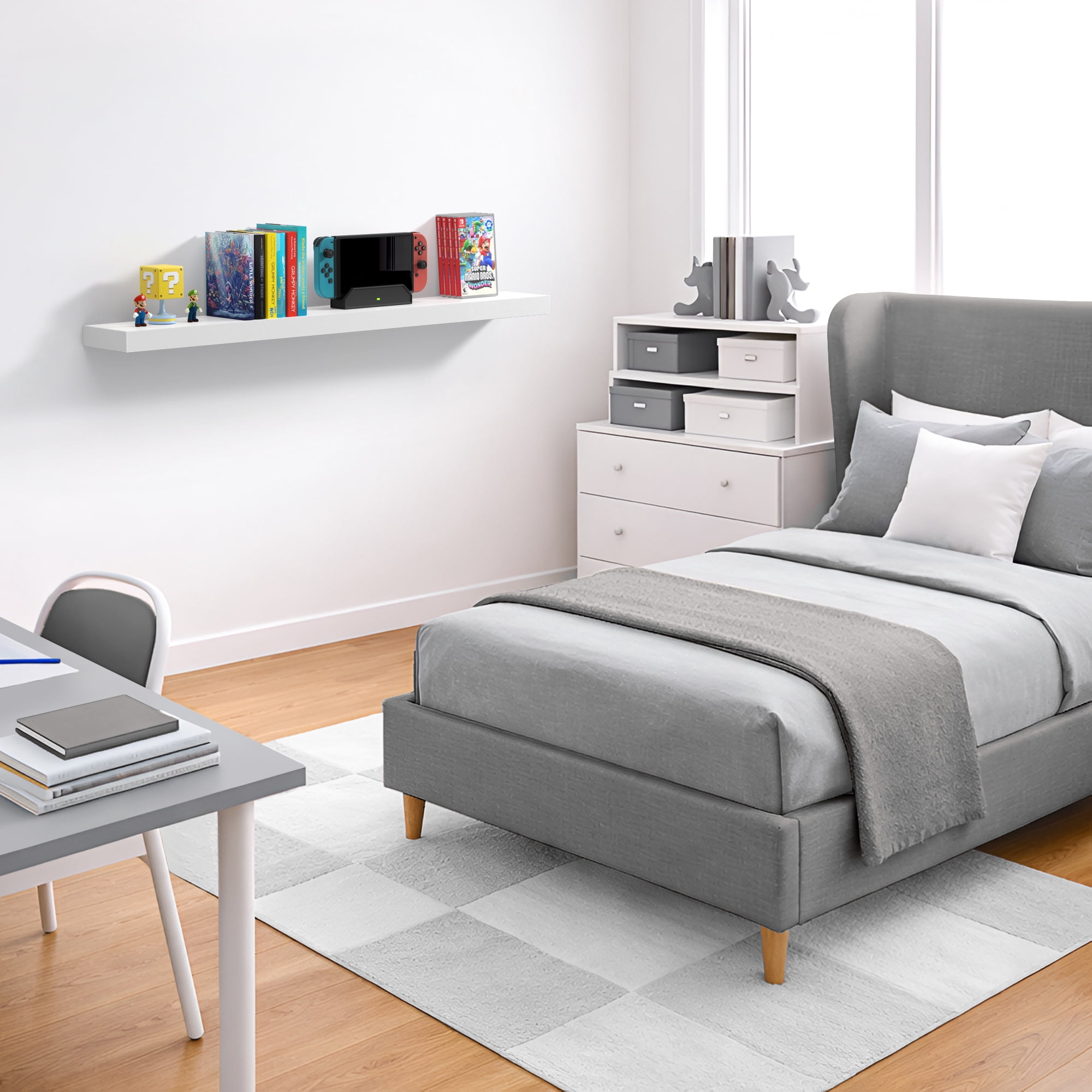 Sorbus 47" Floating Wall Shelf, White, Invisible Brackets, Bathroom, Bedroom & Home Decor