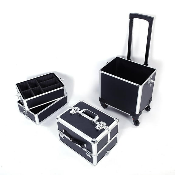 Zimtown 4 in 1 Professional Aluminum Rolling Makeup Trolley Artist Train Case Cosmetic Organizer Makeup Case Black