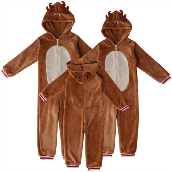 Ohufall Merry Christmas Family Matching Pajamas Set Reindeer Print Hooded Onesies Zipper Xmas Sleepwear Nightwear