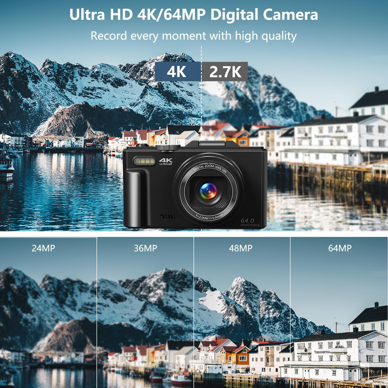 Saneen Digital Camera 4K 64MP Vlogging Camera for YouTube 3''180°Flip Screen 18X Zoom Autofocus 32GB SD Card Video Cameras for Beginners
