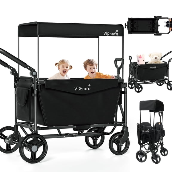 Vipsafe Foldable Wagon Stroller for 2 Kids, 3-in-1 Wagon with Detachable Canopy, 5-Point Harness, Pull & Push Handle, Easy Storage, Black