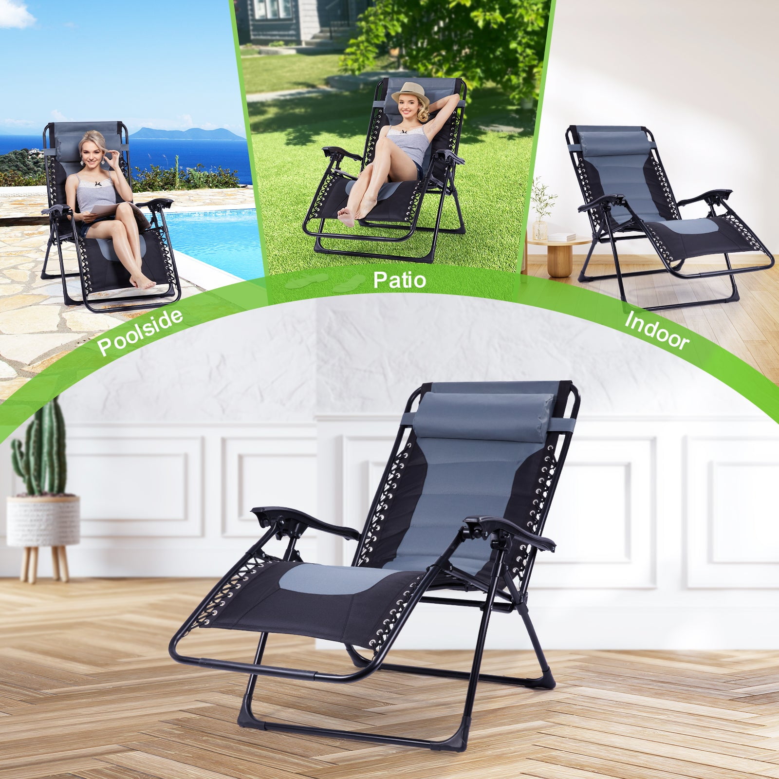 Backyard Expressions Deluxe XL Padded Recliner Zero Gravity Chair – Ergonomic Anti Gravity Lounger with Folding Design, Side Tray, and Adjustable Headrest