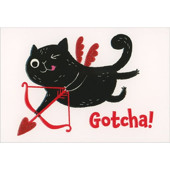 Pictura Gotcha: Black Cupid Cat with Red Glitter Wings Valentine's Day Card for the Man I Love