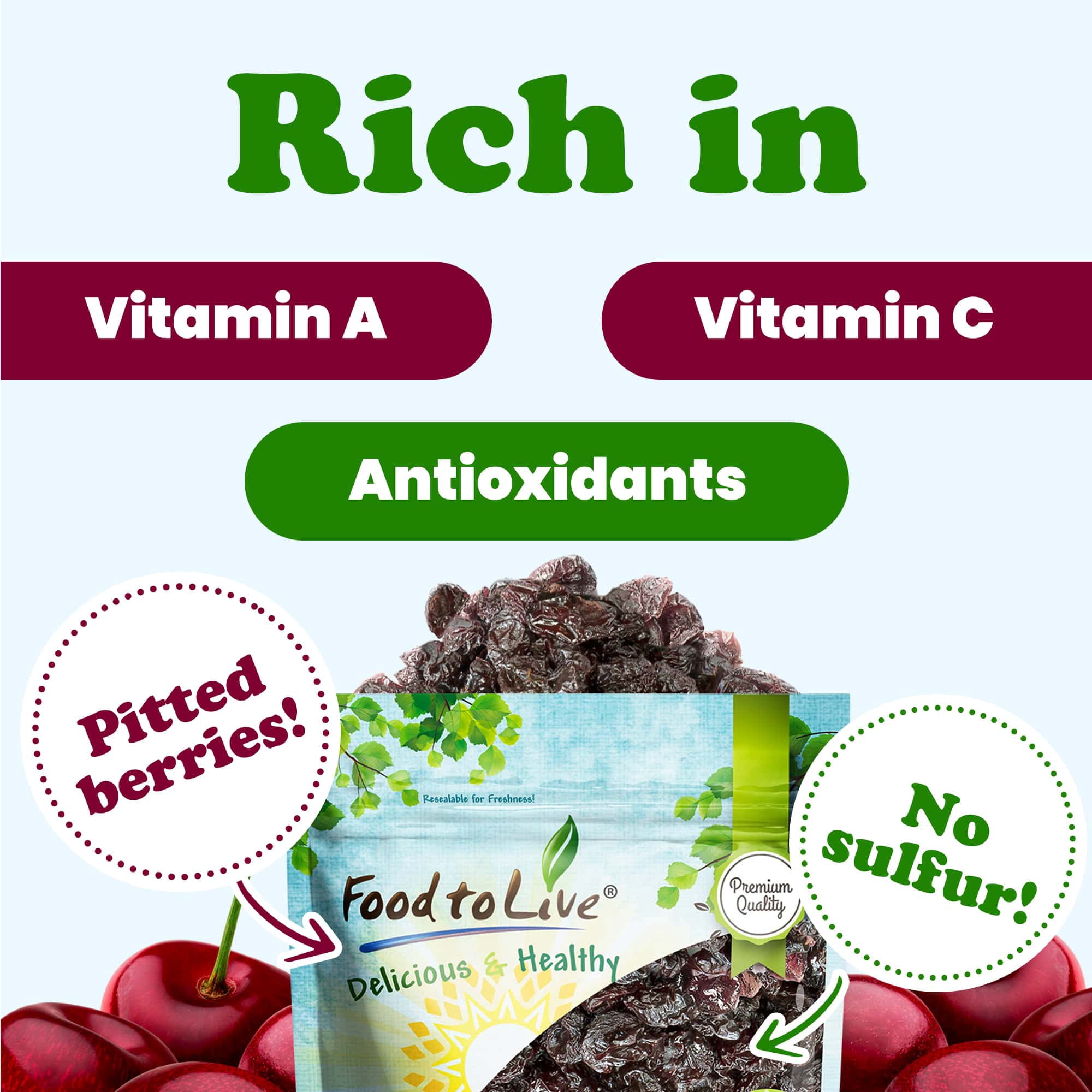 Dried Sour Cherries, 1.5 Pounds - Raw, Vegan - by Food to Live