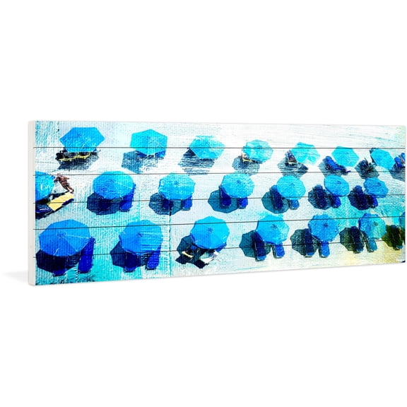 "Umbrellas Blue" Painting Print on White Wood
