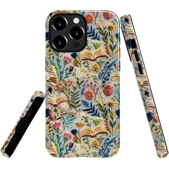 Case Compatible with iPhone 16 Pro Max, Fall Prevention Glossy Hybrid 2-Layer Hard Shell Cases for Girls Boys, Bookish Flower