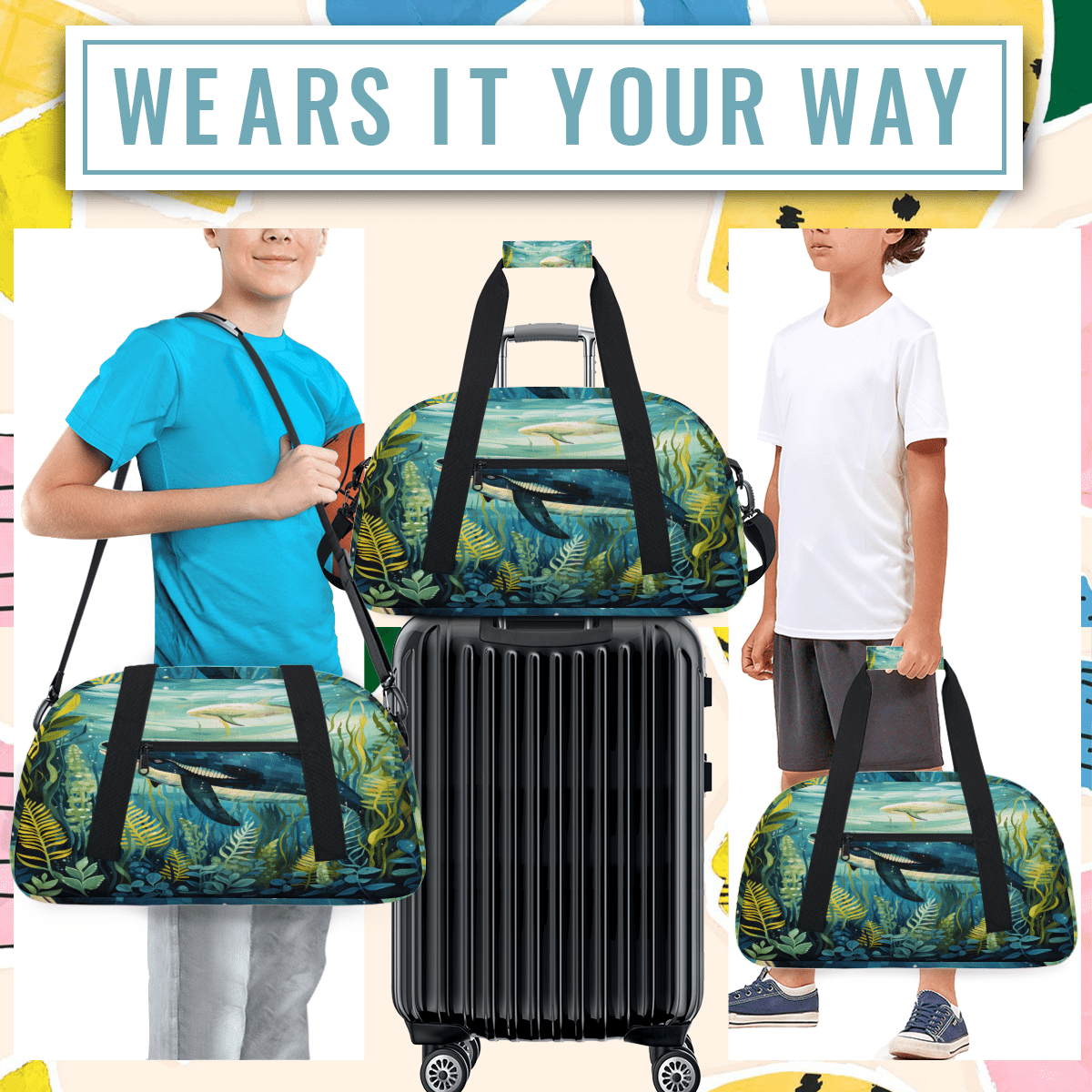 Herdesigns Dolphin Sports Duffle Bag for Women & Men, Ocean Animal Gym Bag Dance Bag Overnight Bag Carry On Weekender Travel Bag