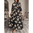 thumbnail image 6 of Black Floral Print Long Sleeve Maxi Dress With Tiered Skirt And Mock Neck For Women, 6 of 6