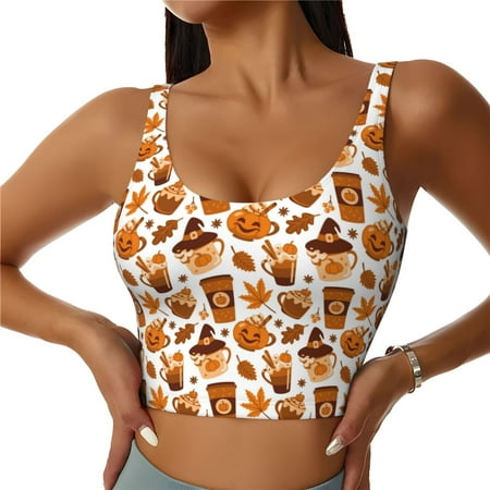 Sigee Pumpkin Witch Hat Coffee for Womens  Sports Vest with Performance Stretch and Quick Dry Fabric  High Elasticity Running Bra Workout Crop Tank Tops-Small