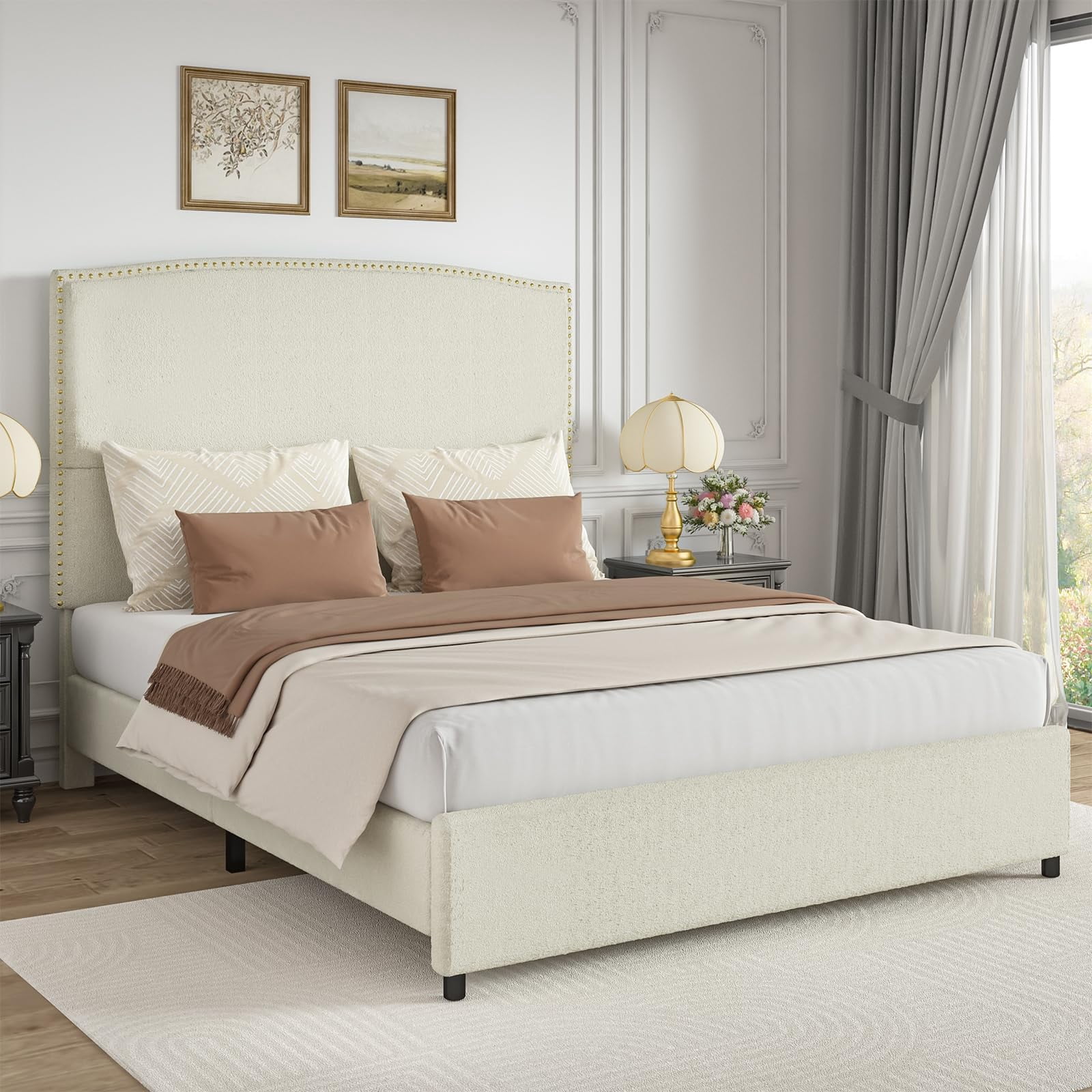 4 EVER WINNER Queen Bed Frame with 56" Tall Headboard, Queen Size Bed Fwith Nailhead Trim Headboard, Queen Upholstered Platform Bed, Beige