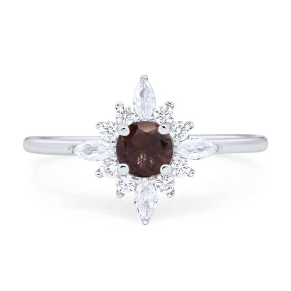 Natural Chocolate Smoky Quartz Size-5 Round Floral Halo Marquise CZ Vintage Style Flower Rings Wedding Engagement Rings For Women 925 Sterling Silver Gift For Her