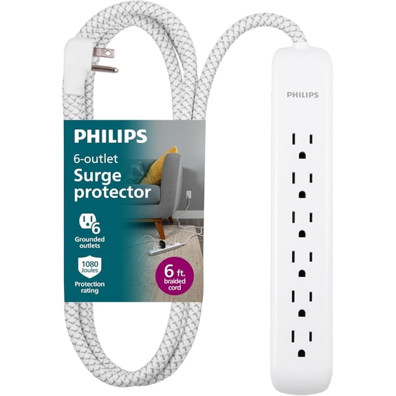 6 Outlet Power Strip Sur Protector 6 Ft Power Cord Designer Braided Extension Cord Flat Plug Perfect for Office or Home Dcor 1080 Joules White SPC3054WA/37