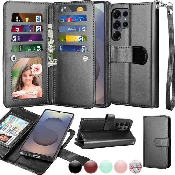 Wallet Case for Samsung Galaxy S25 Ultra Wallet Case 6.8" 5G (2025), [9 Card Slots] Luxury PU Leather Credit Holder Carrying Folio Flip [Detachable] Kickstand Magnetic Phone Cover & Lanyard [Black]