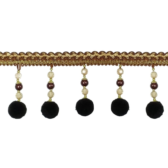4" (10cm) Beaded Pompom Ball Tassel with Pretty Gimp Header | Fringe Trim # BPPF4,, Golden Chocolate Brown #03 (Chocolate Brown, Light Gold) Sold By The Yard (36"/3 ft/0.9m)