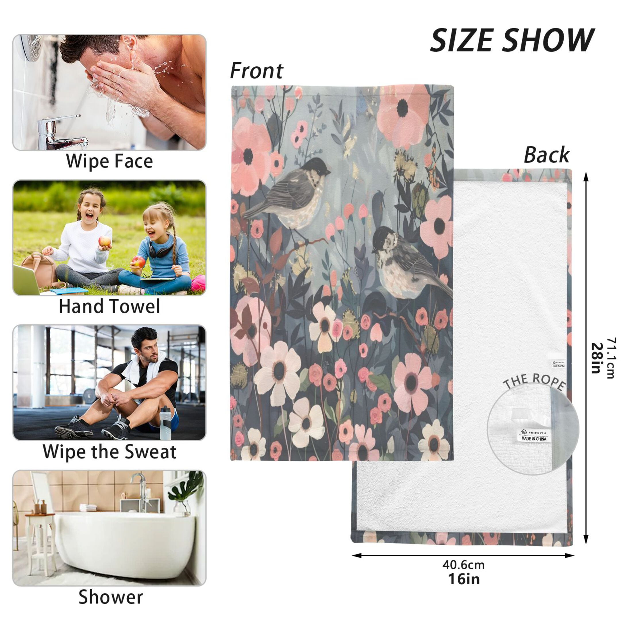 Cotton Towel Two-Piece 16x28 Inch One Sizex2 Face Towel Set Towel Set Cotton Hand Bath Towel Bathroom Beach Black Bird