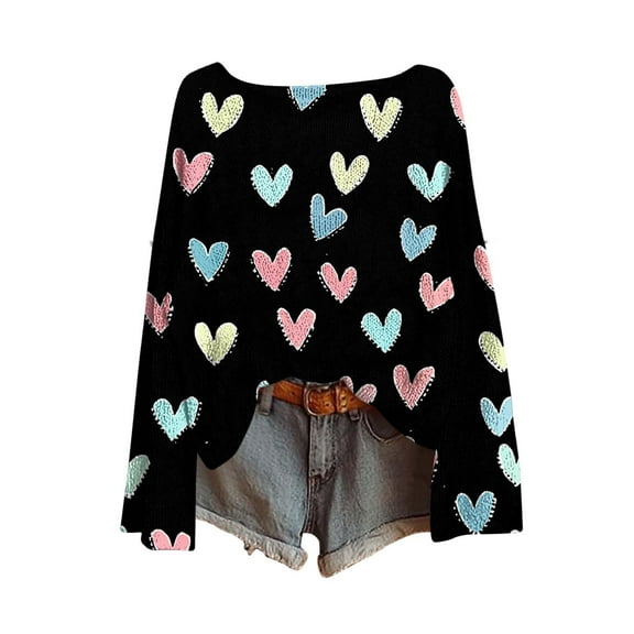 Essentials Women's Sweater Heart Print Valentine's Day Knitted Long Sleeve Fall Knitwear Black