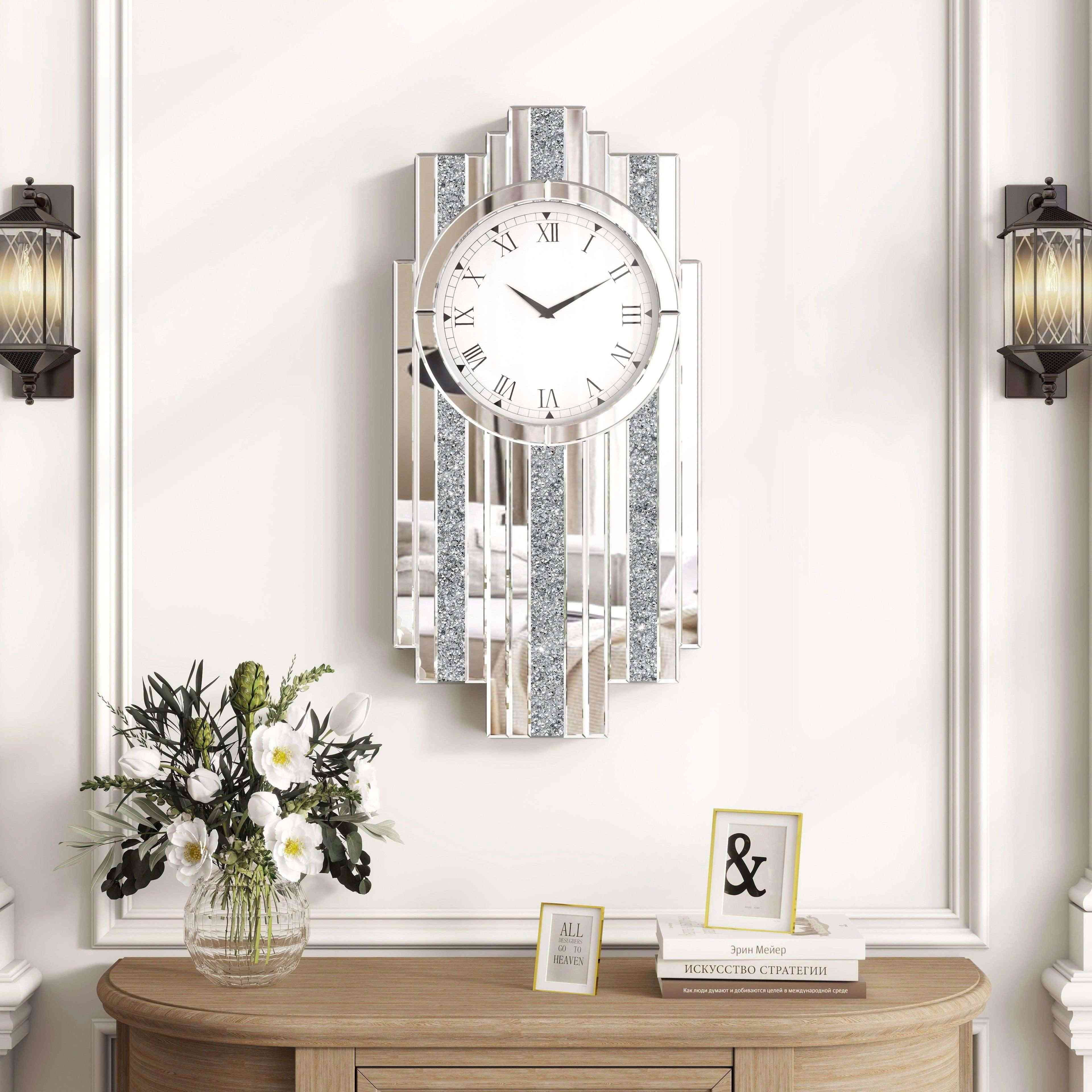 SHYFOY Luxury Art Deco Mirrored Wall Clock with Crushed Diamond Inlay Silver Glass Accent for Living Room