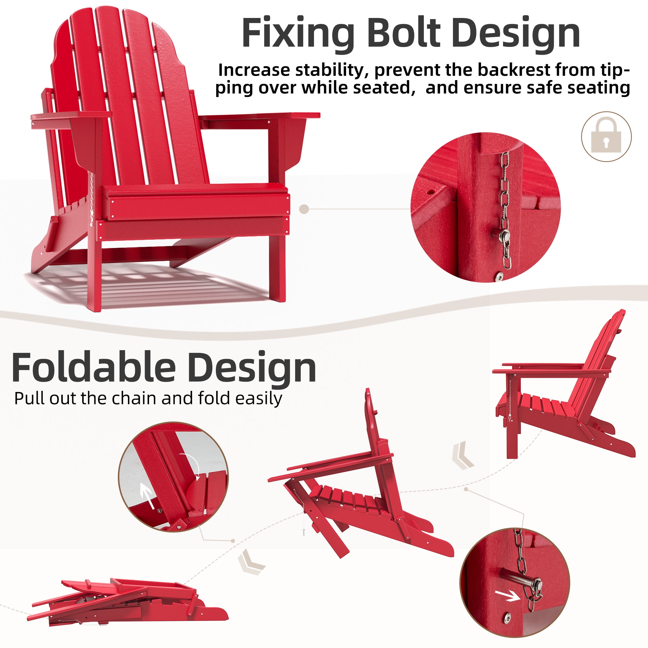Erinnyees All-Weather Adirondack Chair,Folding Adirondack Outdoor Chair with Wooden Textured for Patio,Garden,Backyard and Lawn,Red