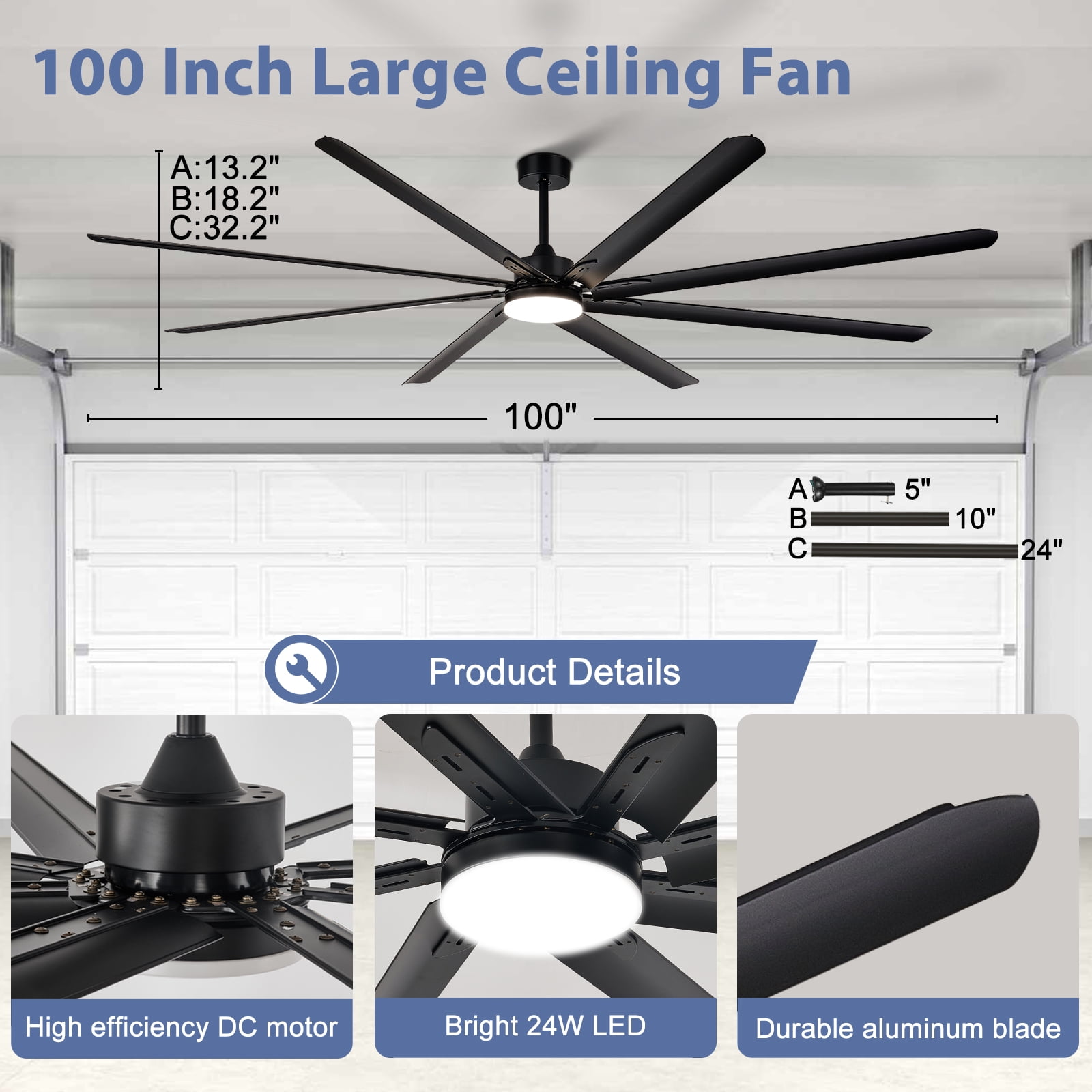 Depuley 100-Inch Industrial Outdoor Ceiling Fan with Light & Remote - High CFM DC Motor for Shop/Garage, Black