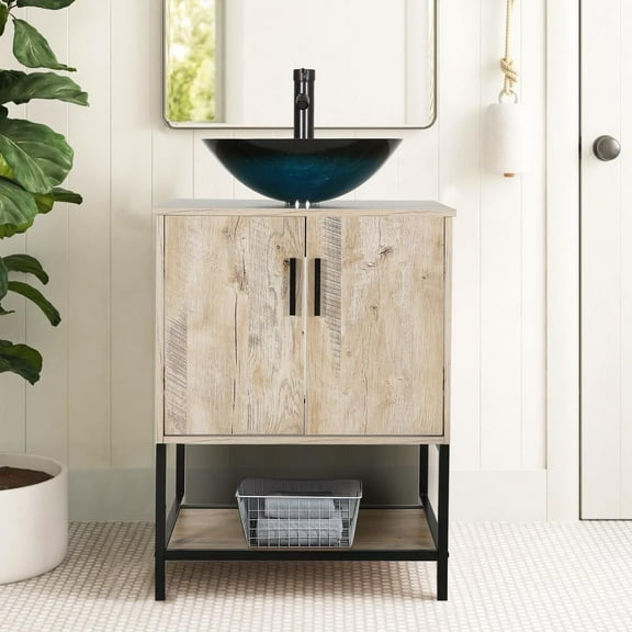 Eclife 24" Farmhouse Bathroom Vanity with Rustic Oak Wood Top,Blue Glass Sink, Water Save Faucet,Solid Brass Pop Up Drain
