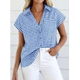 thumbnail image 5 of PRETTYGARDEN Womens Button Down Shirts V Neck Short Cap Sleeve Collared Plaid Tops Summer Spring Casual Blouses Clothes, 5 of 6