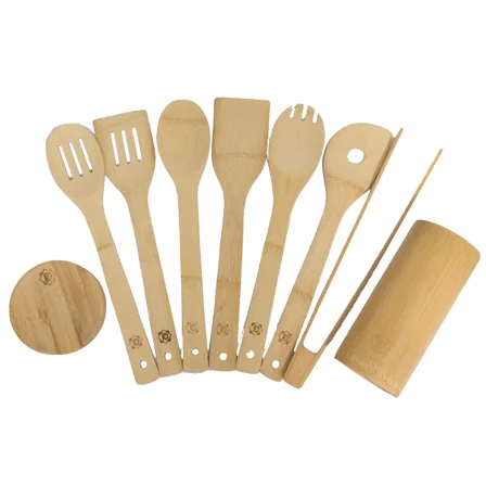 9 Piece Organic Bomboo Cooking Utensils With Spoon Rest And Utensil Holder