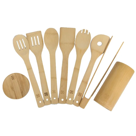 9 Piece Organic Bomboo Cooking Utensils With Spoon Rest And Utensil Holder