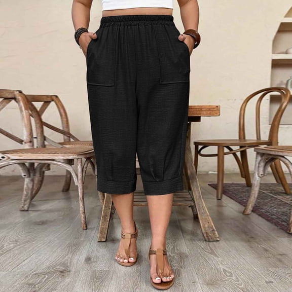 Plus Size Cropped Trousers Womens Summer Elastic Waist Loose Fitting Capris with Pockets Black XXL