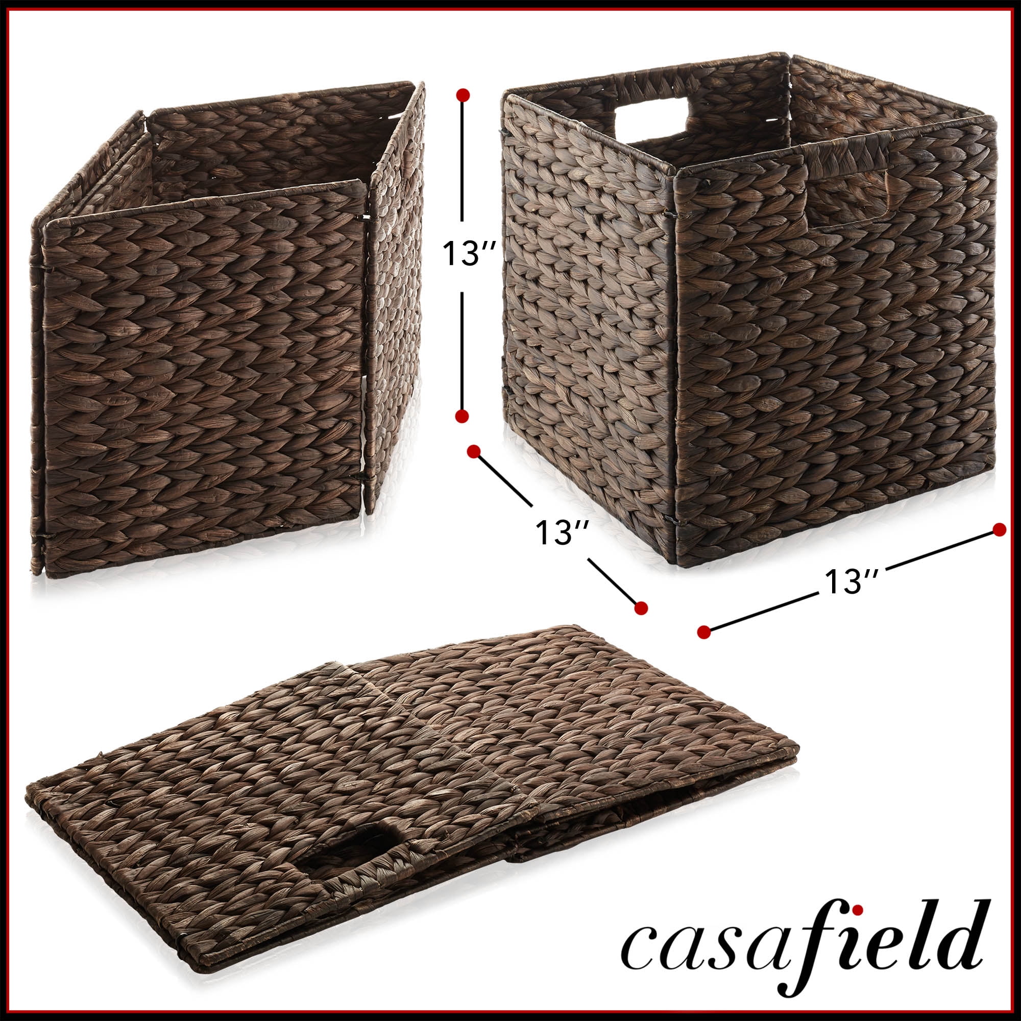 Casafield 13" x 13" Water Hyacinth Storage Baskets, Espresso - Set of 4 Collapsible Cube Organizers, Woven Bins for Bathroom, Bedroom, Laundry, Pantry, Shelves
