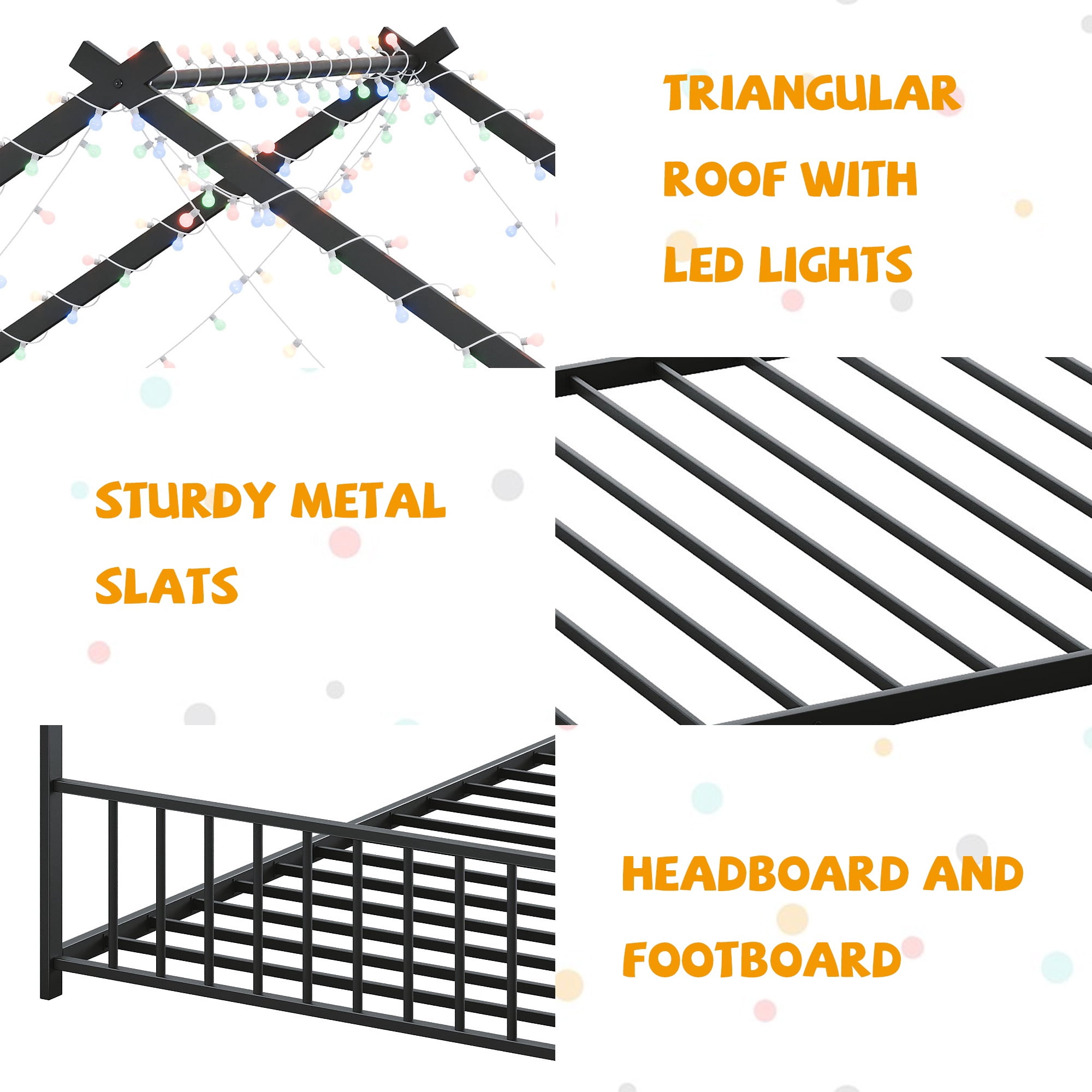 Bellemave Twin Size Metal House Bed with Roof and LED Lights Montessori House Bed with Headboard and Footboard  Floor Bed Frame with Slats (Twin, Black)