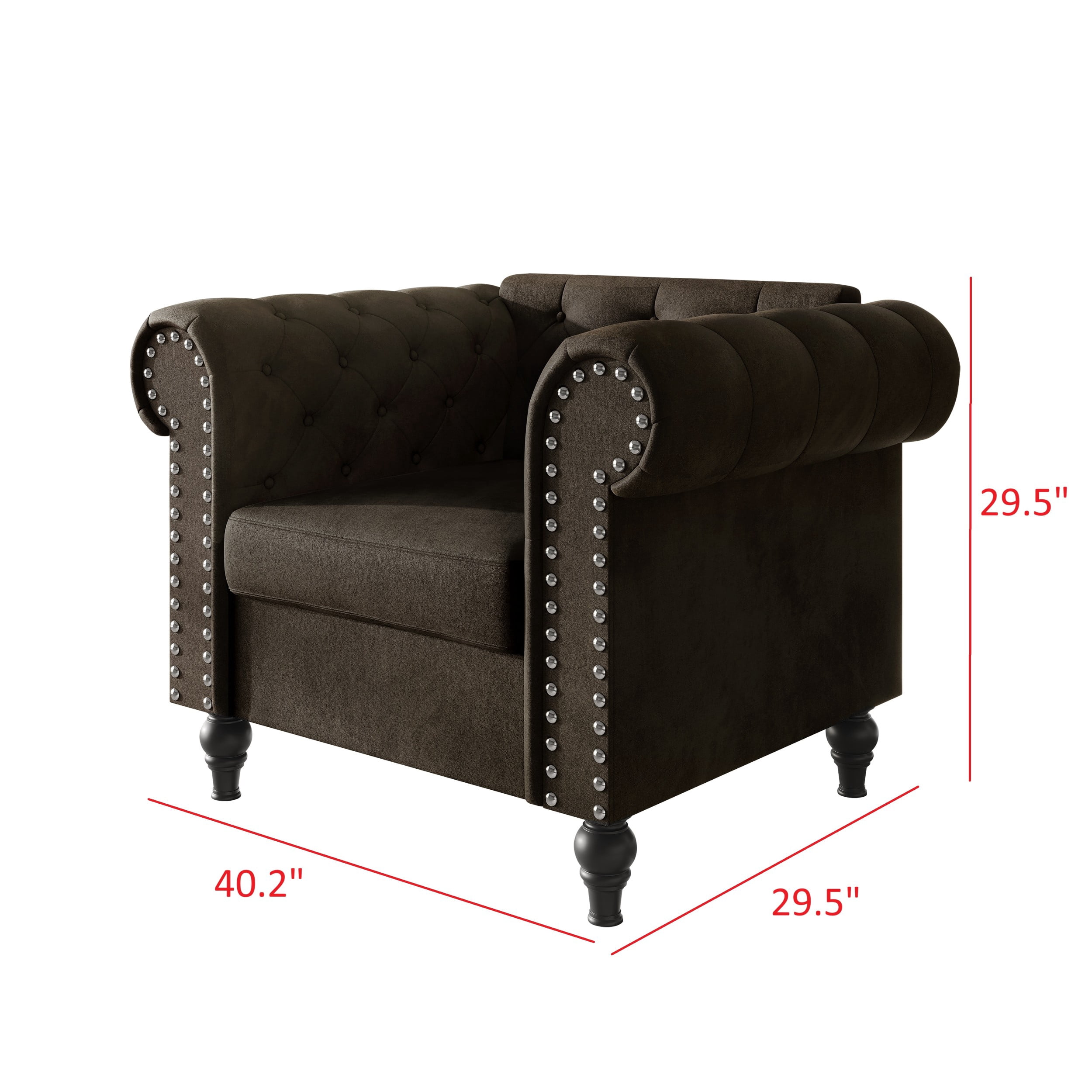 Home Design Kelso 3-Piece Velvet Living Room Set With Rolled Arm Chair, Loveseat and Sofa, Deep Button Tufting and Turned Legs, Brown