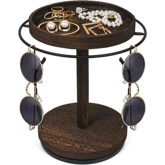 HuaArt Sunglasses Organizer 360° Rotating Eyeglass Holder Stand with Wood Tray and Base, for Table Dresser Nightstand Desk
