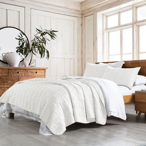 Horimote Home Juego De Colcha 100% Algodón Tamaño Queen Blanco Prelavado Juego De Colcha De 3 Piezas Acogedora Y Ligera Funda De Cama Con 2 Fundas En Patrón Geométrico Para Todas Las Estaciones