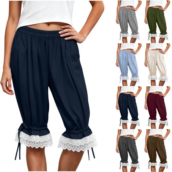 Hzzrkos Women Casual Fashion Solid Color Elastic‑Waist Loose Capri Pants With Pockets Relaxed‑Fit Trousers for Daily‑wear Home Outdoor Travelling