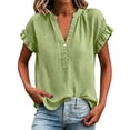 thumbnail image 2 of Awwp Women's V-Neck Short Sleeve Cotton Linen Loose Tunic Blouse, Light Green 2Xl, 2 of 6
