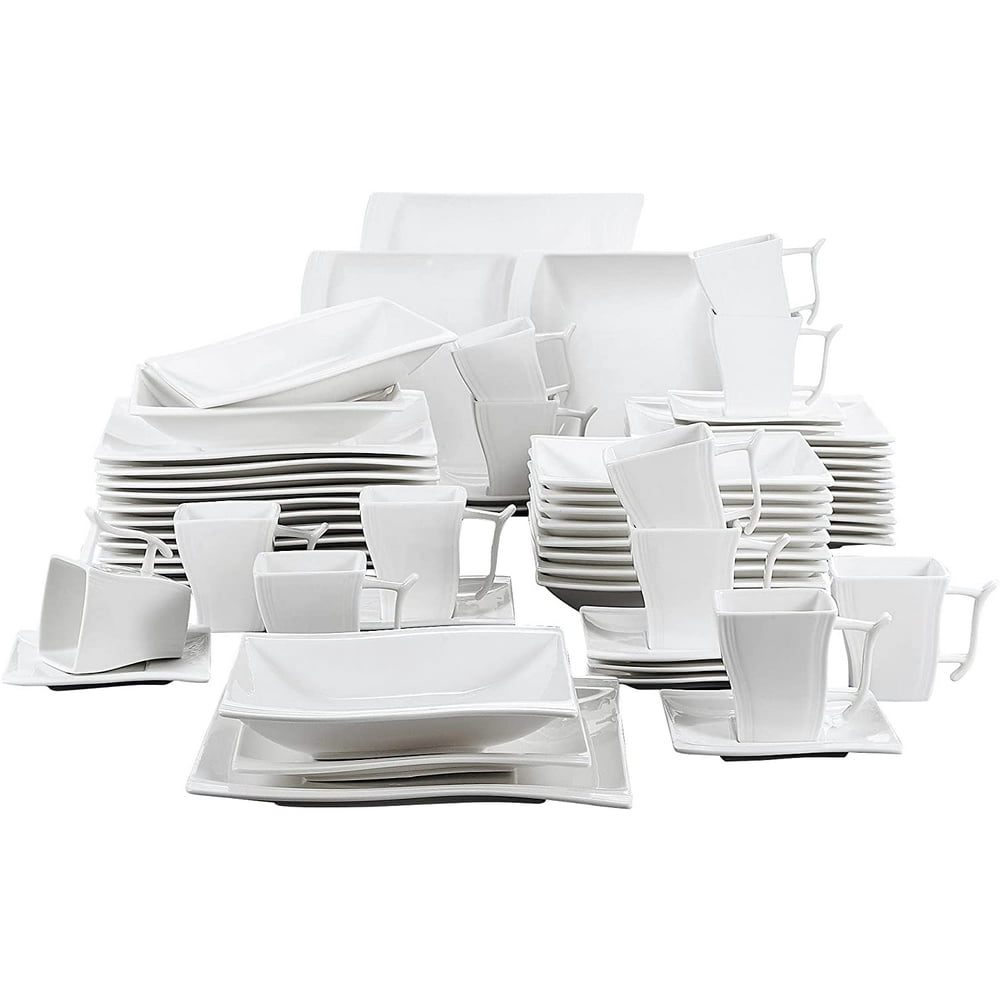 MALACASA, Series Flora, 60Piece Dinner Set Wave Shaped Ivory White