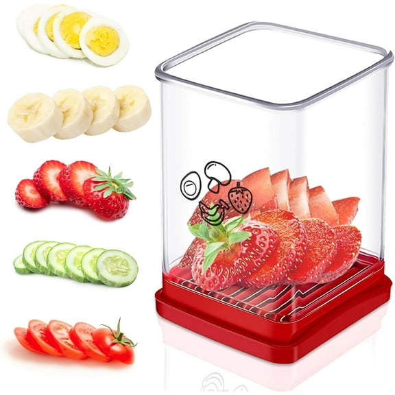 WZW Cup Slicer Fruit Strawberry Cutter: Banana Egg Speed Slicer With Push Plate - Stainless Steel Clear Cup, Quickly Making Fruits Vegetable Salad, Kitchen Portable Slicing Tool Cutting Gadget, Red