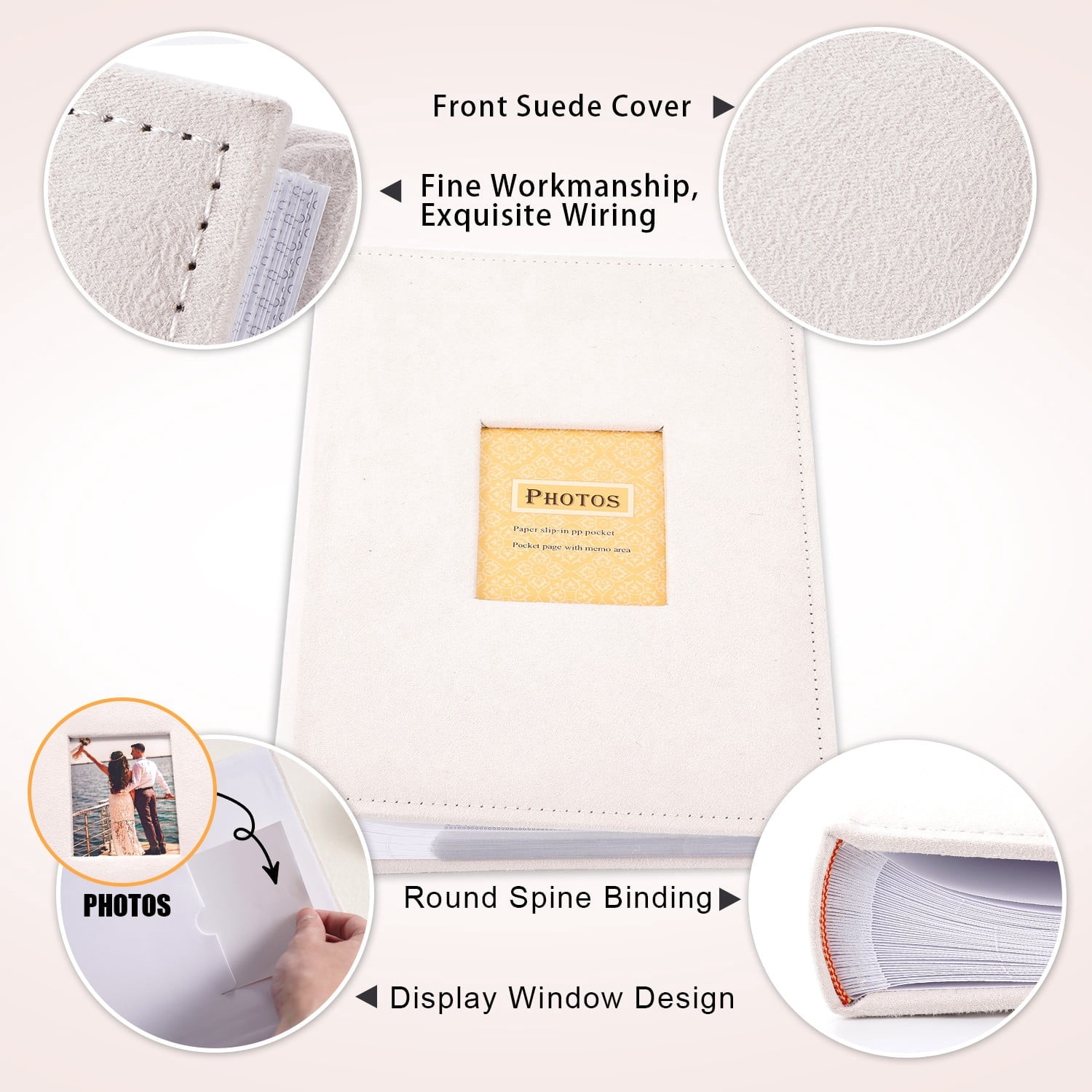 TJT Photo Albums for 4x6 Holds 300, 100 Pages Suede Cover with Display Window DIY Photo Book, Ideal Gifts for Family Travel Wedding Baby, Beige