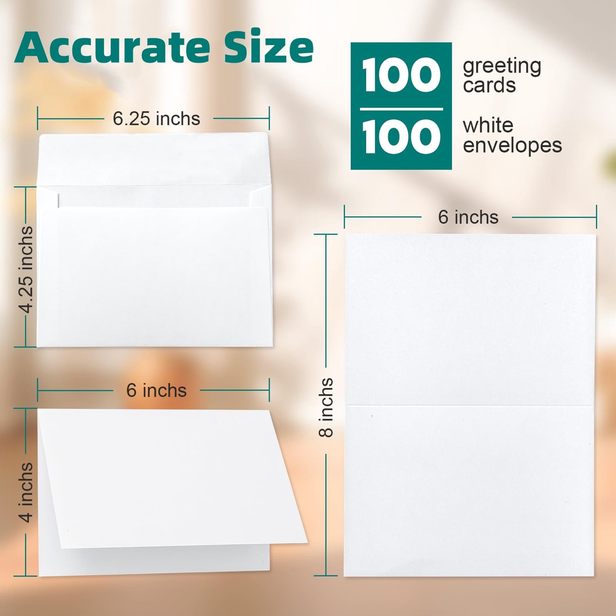 100 Blank White Cards and 100 Enelopes 4x6, Folded Cardstock Note Cards Set with Self Seal Enelopes, DIY Greeting Thank You Cards Initations for Weddings Birthdays Holidays All Occasions, White