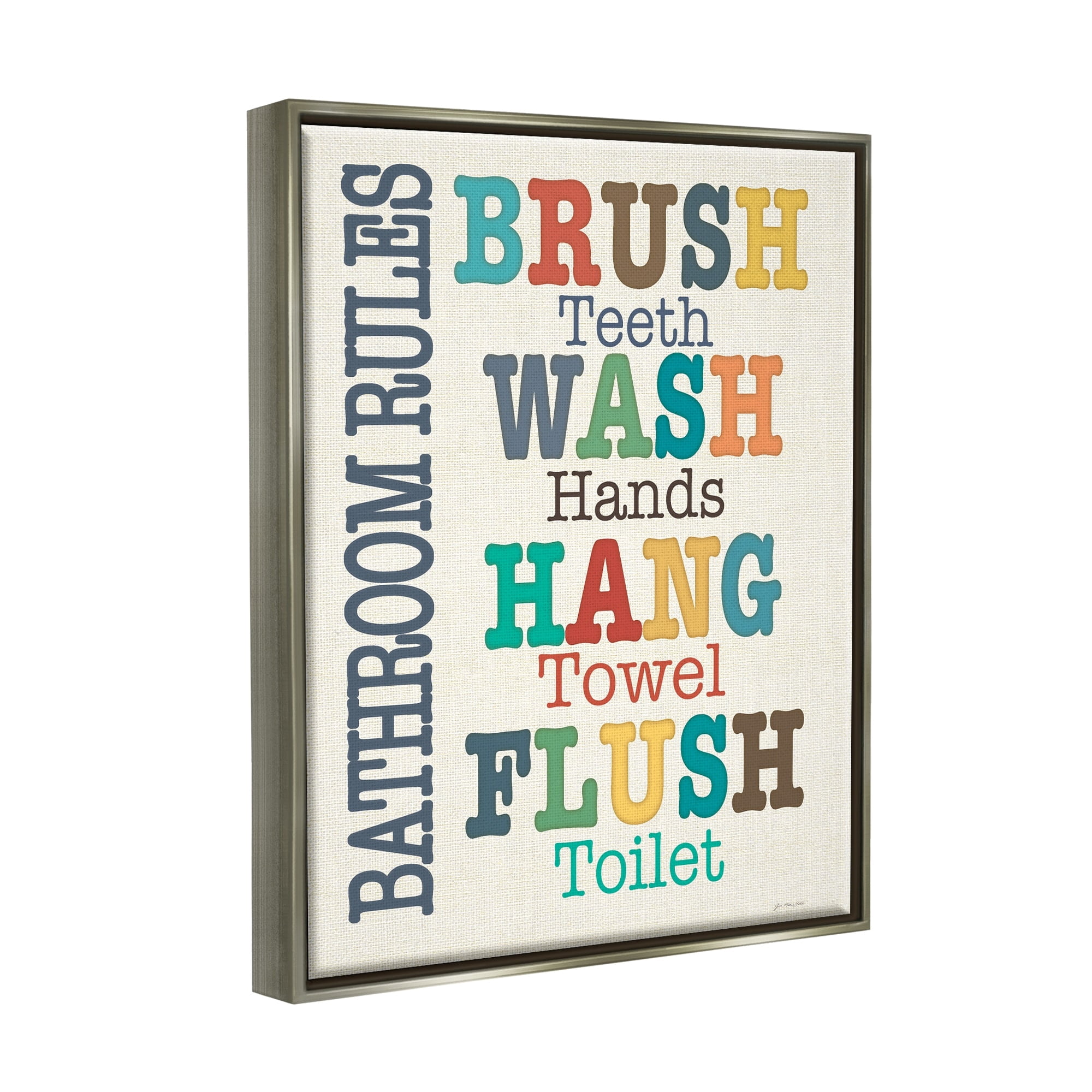 Stupell Industries Colorful Bathroom Rules List Luster Gray Framed Floating Canvas Wall Art, 24x30, by Jo Moulton