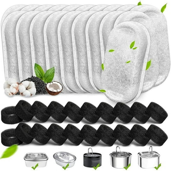 40PCS Cat Water Fountain Filters for 67oz/2L and 108/3.2L Stainless Steel Pet Fountain Cat Replacement Filters Sponges