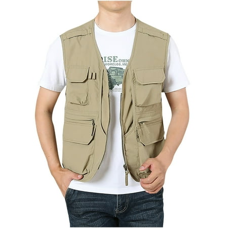 hopeusnice Men s Summer Lightweight Outdoor Travel Pockets Utility Fishing Vest Khaki XXXXXL