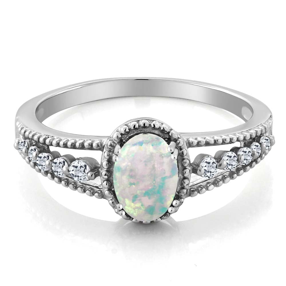 Gem Stone King 925 Sterling Silver White Simulated Opal and White Topaz Engagement Ring for Women (1.21 Cttw, Oval Cabochon 7X5MM, Available 5,6,7,8,9)