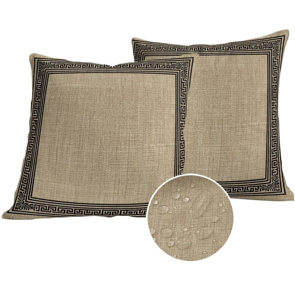 Black Brown Retro Greek Key Outdoor Pillow Covers 18x18 Set of 2,Waterproof Patio Throw Pillowcase Protectors,Geometric Greece Ancient Rustic Decorative Pillow Shams Cushion Covers for Seat Bed Couch