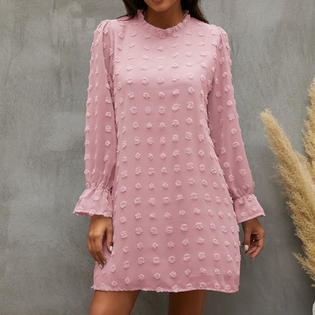 Vestido De Manga Larga Con Cuello Redondo, Vestido De Manga Larga Con Orillo Fibroso Informal Con Estampado De Lunares Para Vacaciones En El Club ANGGREK Otros