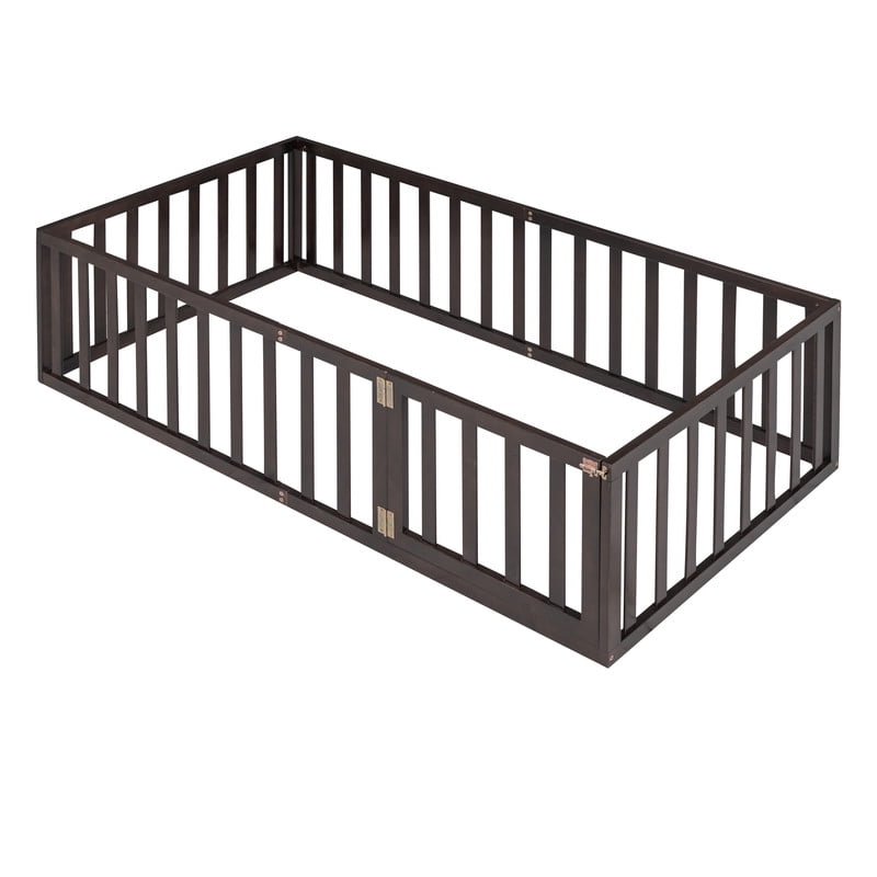 Twin Size Floor Bed Platform Bed with Fence and Door, Wood Montessori Bed Toddler Bed Playhouse Bed for Boys Girls, No Slats