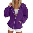 thumbnail image 5 of Women's Solid Color Zip Up Hoodie, Lightweight Fleece Lined Long Sleeve Casual Jacket, Oversized Fall Winter Sweatshirt for Daily Streetwear and Lounge Dark Purple L, 5 of 8