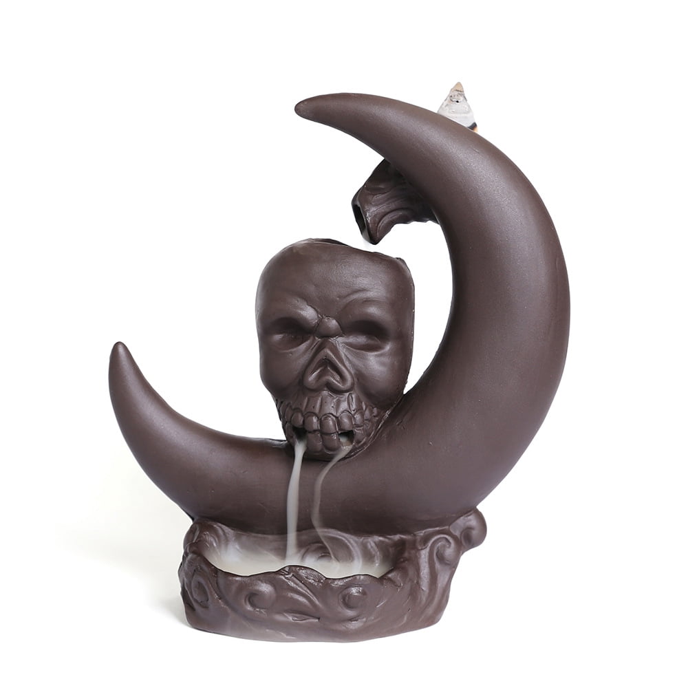 Purple Clay Moon Shape Backflow Incense Burner Creative Halloween Skull Head Smoke Sandalwood Incense Holder Home Decor