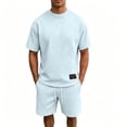 thumbnail image 2 of Matching Airport Travel Outfit Men's Solid Color T-Shirt Short Sleeve And Drawstring Elastic Waist Shorts Casual Set Suit Light Blue Xxxxxl, 2 of 5